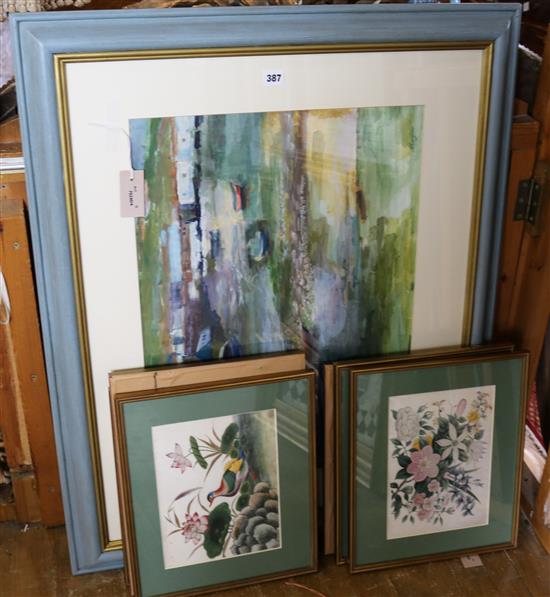 Six Chinese rice paper paintings and a watercolour of Polperro, signed Marjon